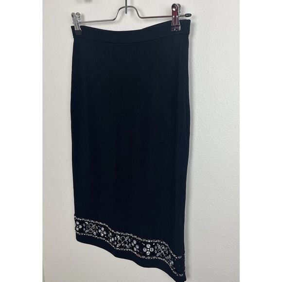 Cyrus Sz Small Black Ribbed Knit Beaded Crystal Jeweled Stretch Pencil Skirt - Picture 2 of 7